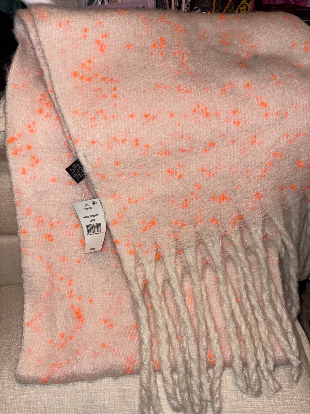 Cozy DKNY cream & Neon Orange Speckled Fringe Scarf - Women Accessories